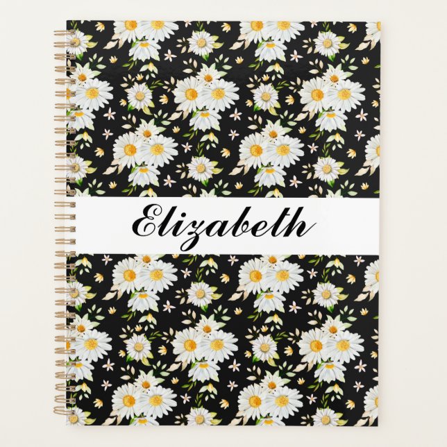 Elegantes Monogramm Schwarz-Weiß-Daisy-Muster   Planer (Vorderseite)