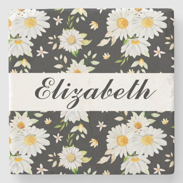 Elegantes Monogramm Schwarz-Weiß-Daisy-Muster  Steinuntersetzer (Vorderseite)