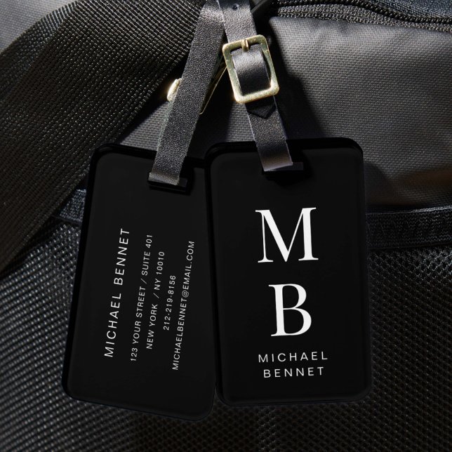 Elegantes Monogramm Schwarz/Weiß Gepäckanhänger (Elegant Monogram Black And White Luggage Tag)