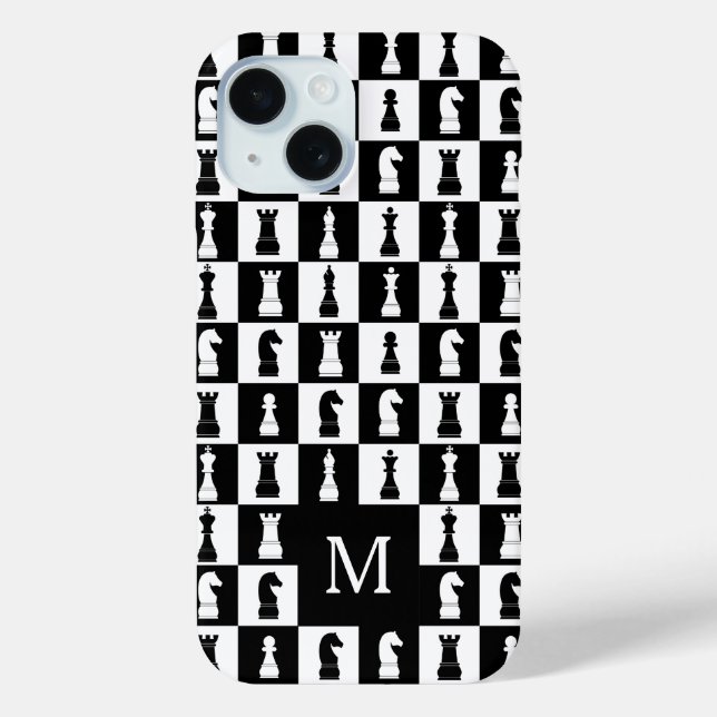 Elegantes Monogramm Schwarz-Weiß-Schachmuster Case-Mate iPhone Hülle (Rückseite)