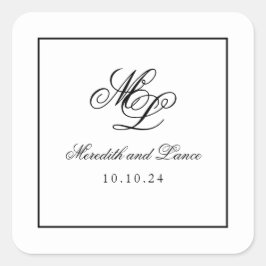 Elegantes Monogramm Schwarz-Weiß-Script Quadratischer Aufkleber
