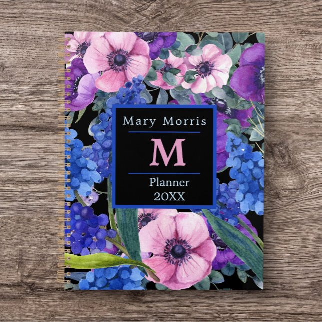 Elegantes Monogramm Schwarze Blüte in Lila rosa Planer (Personalized Planner/ Journal with Name and Year. Great idea for a gift.)