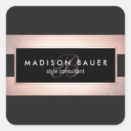 Elegantes Monogramm Streifen Schwarz und Rose Gold Quadratischer Aufkleber