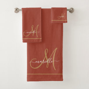 Elegantes Monogramm Terrakotta Gold Schrift Name Badhandtuch Set