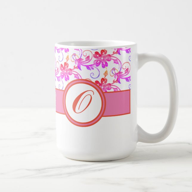 Elegantes Monogramm und Blumenmuster Rosa Kaffeetasse (Rechts)