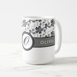 Elegantes Monogramm und Blumenmuster Schwarz Kaffeetasse