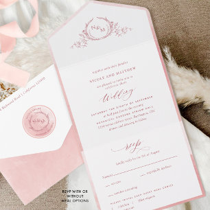 Elegantes Monogramm und rosa Wasserfarben-Hochzeit All In One Einladung