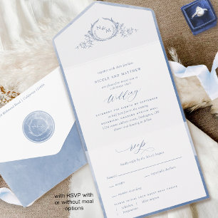 Elegantes Monogramm und staubblaue Aquarell-Hochze All In One Einladung