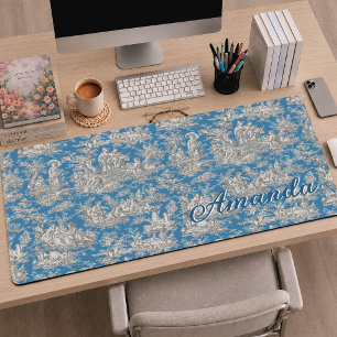 Elegantes Monogramm Vintage Blau Toile de Jouy Schreibtischunterlage