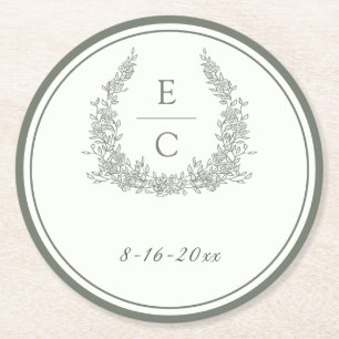 Elegantes Monogramm-Wappen Grün Elfenbein Blumen H Runder Pappuntersetzer