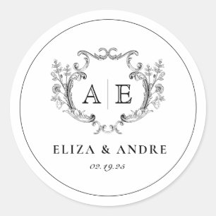 Elegantes Monogramm Wappen Schwarz-Weiß-Hochzeit Runder Aufkleber