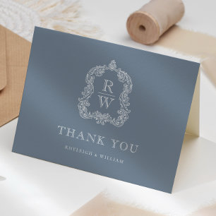 Elegantes Monogramm-Wappen-Staubblau-Hochzeit Dankeskarte