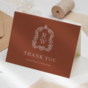 Elegantes Monogramm-Wappen-Terrakotta-Hochzeit Dankeskarte