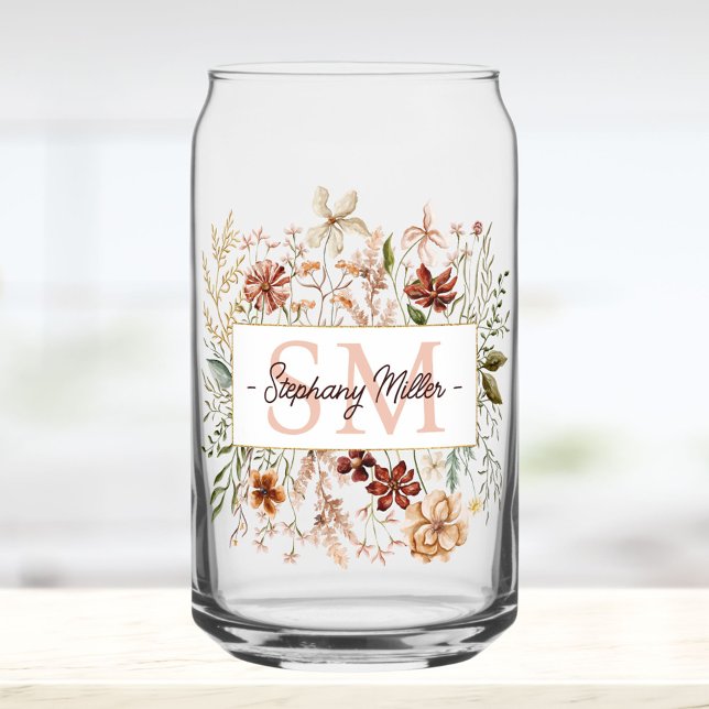 Elegantes Monogramm Wasserfarbe Herbst Wildblumen  Dosenglas (In situ)