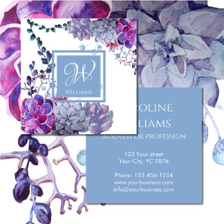 Elegantes Monogramm-Wasserfarbe-Sukkulenten Blau Quadratische Visitenkarte