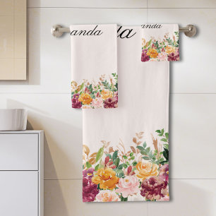 Elegantes Monogramm-Wasserfarben-Rosengarten-Blume Badhandtuch Set