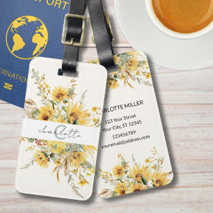 Elegantes Monogramm-Wasserfarben-Sonnenblumenbouqu Gepäckanhänger