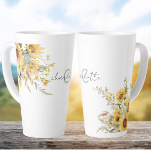 Elegantes Monogramm-Wasserfarben-Sonnenblumenbouqu Milchtasse