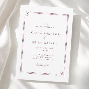 Elegantes Monogramm Weiße Burgunder-Rand-Hochzeit Einladung