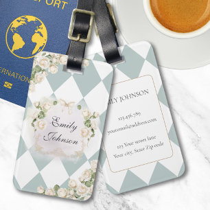 Elegantes Monogramm Weiße Rosen Grüne Blätter Diam Gepäckanhänger