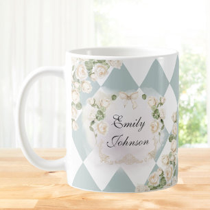 Elegantes Monogramm Weiße Rosen Grüne Blätter Diam Kaffeetasse