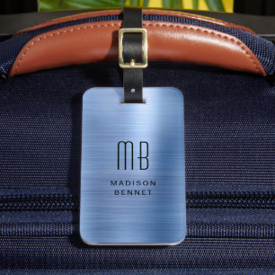 Elegantes monogrammiertes blaues gebürstetes Metal Gepäckanhänger