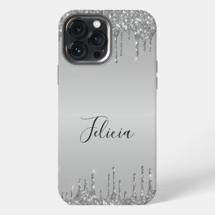 Elegantes, monogrammiertes Silber-Drip-Glitter iPhone 13 Pro Max Hülle