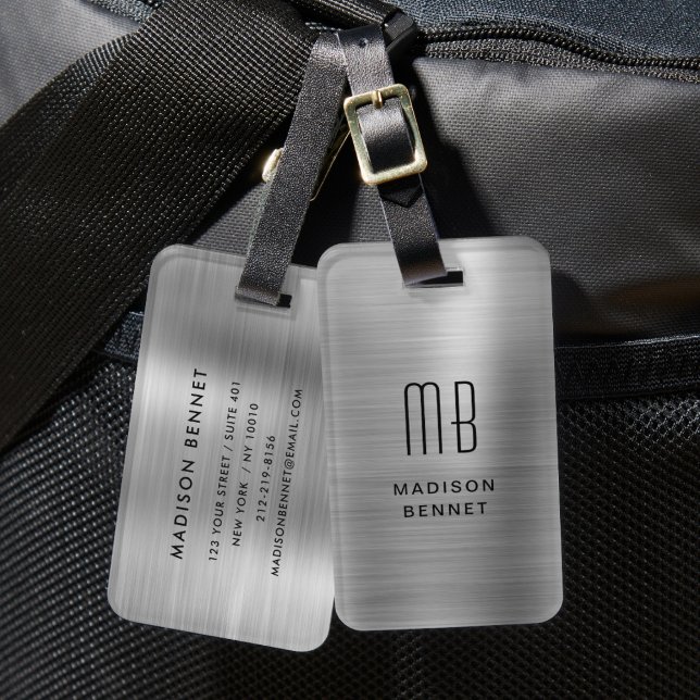 Elegantes monogrammiertes Silber gebürstet Metalli Gepäckanhänger (Elegant Monogrammed Silver Brushed Metallic Luggage Tag)