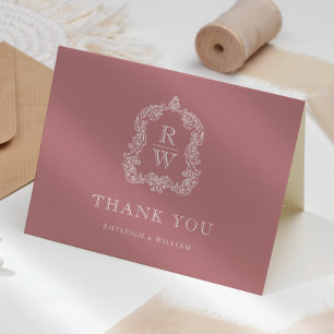 Elegantes Monogrammwappen Dusty Rose Hochzeit Dankeskarte