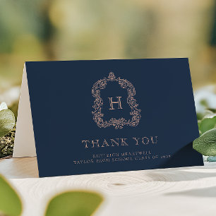 Elegantes Monogrammwappen in Marineblau und Rosafa Dankeskarte