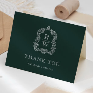 Elegantes Monogrammwappen Waldgrüne Hochzeit Dankeskarte