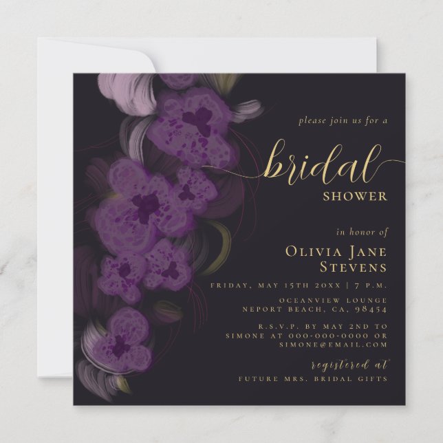 Elegantes Moody Black Lila Orchids Brautparty Einladung (Vorderseite)