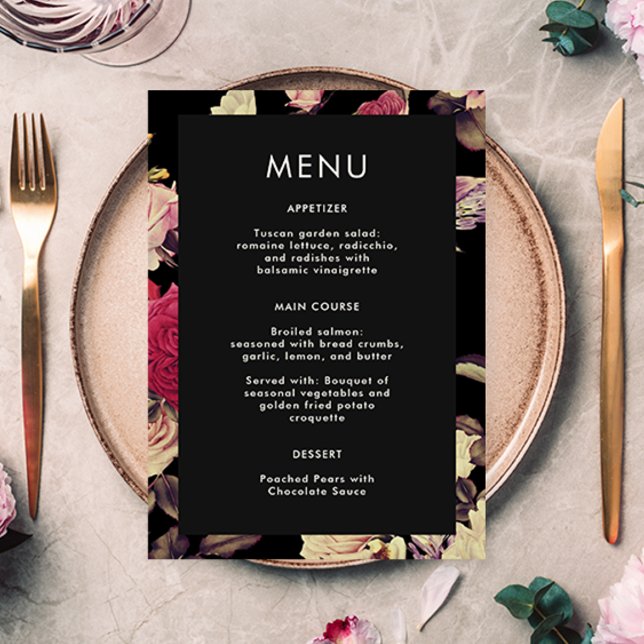 Elegantes Moody Floral Wedding Menu (Elegant and stylish botanical wedding menu includes a beautiful black floral back of the card.)