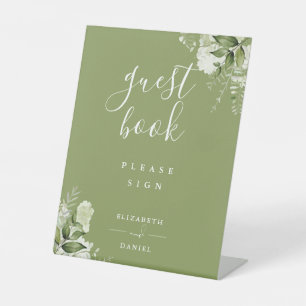 Elegantes Moosgrünes Florales Gäste Buch Sockelschild