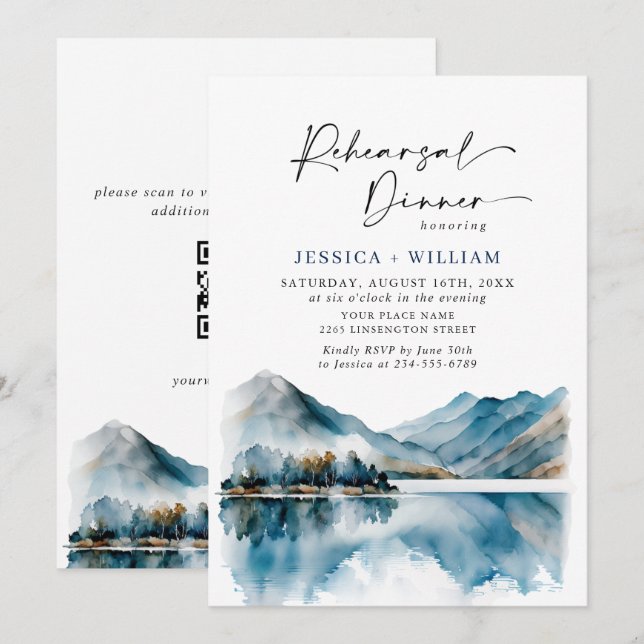 Elegantes Mountains Forest Probe Dinner QR-Code Einladung (Vorne/Hinten)
