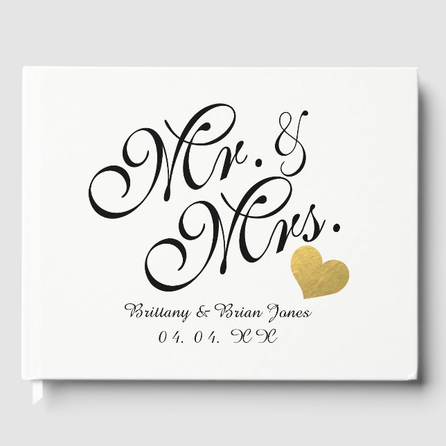 Elegantes Mr. & Mrs. Script Gold Heart Foto Hochze Gästebuch (Vorderseite)