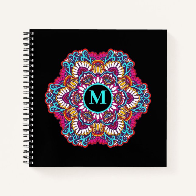 Elegantes Multi-Color Mandala Blühe Monogramm Notizbuch (Vorderseite)