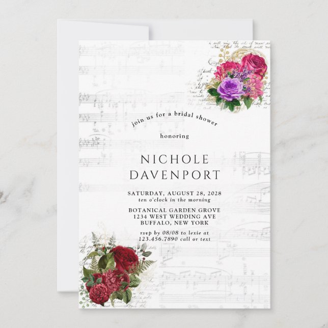 Elegantes Musical Floral Brautparty Einladung (Vorderseite)