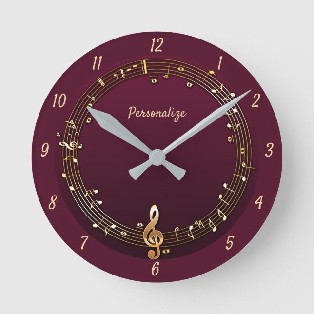 Elegantes Musical Notes Clef Music Lila Gold Runde Wanduhr (Vorderseite)