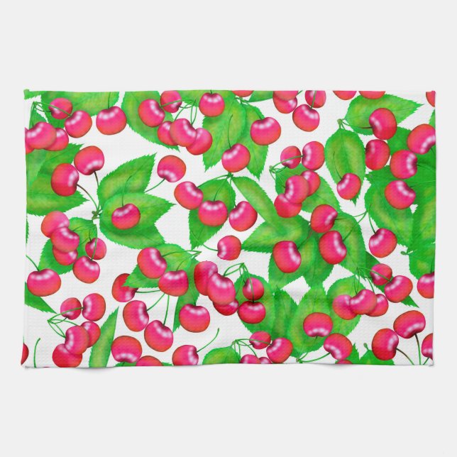 Elegantes Muster aus roten Kirschen und grünen Blä Geschirrtuch (Horizontal)