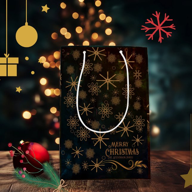Elegantes Muster BLACK GOLD Frohe Weihnachten Mittlere Geschenktüte (Elegant Pattern BLACK GOLD Merry Christmas Medium Gift Bag)