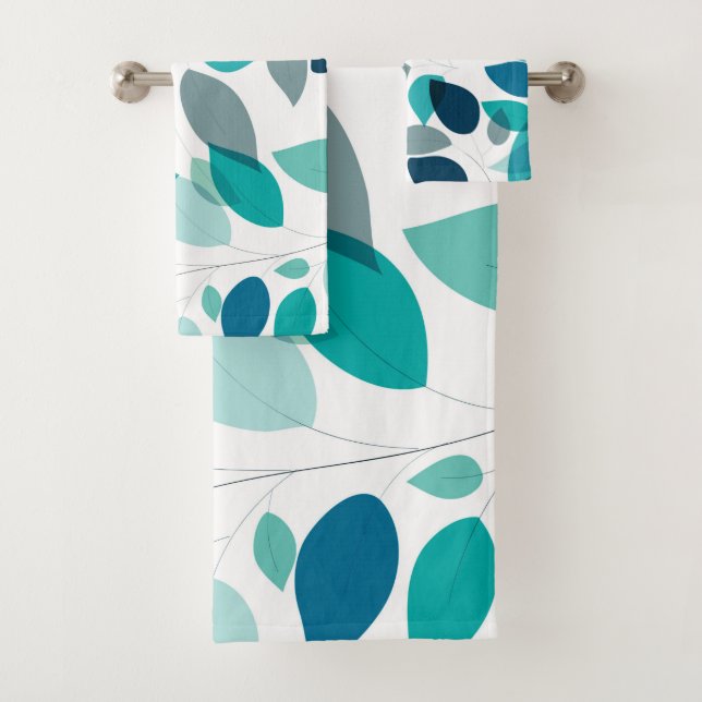Elegantes Muster moderner blauer und grüner Blätte Badhandtuch Set (Insitu)