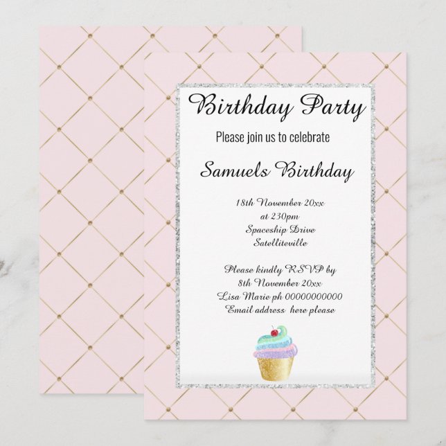 Elegantes Muster Pink Cupcake Design Geburtstag Einladung (Vorne/Hinten)