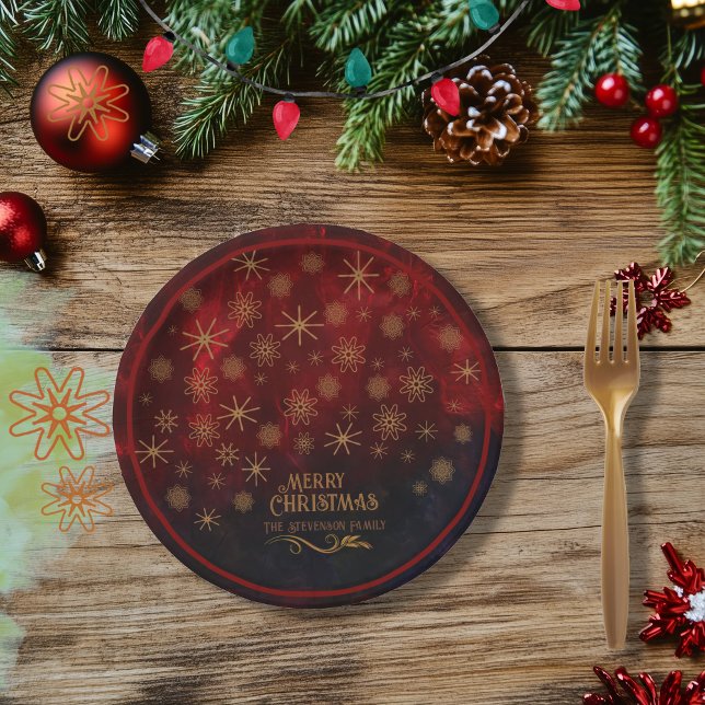 Elegantes Muster RED GOLD Frohe Weihnachten Pappteller (Elegant Pattern RED GOLD Merry Christmas Paper Plates)