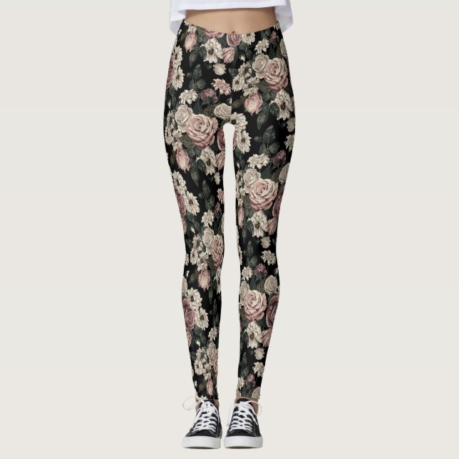 Elegantes Muster Rosa Rustikale Blume Blumengarten Leggings (Vorderseite)
