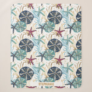 Elegantes Muster von Blauen und goldenen Ozeanen Sherpadecke