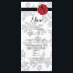Elegantes Muster & Wachs Siegel Hochzeit Menükarte<br><div class="desc">Dieses Design zeichnet sich durch elegantes Vintages Blatt-Muster und personalisiertes Wachs-Siegel aus. Der gemusterte, dunkelgraue Hintergrund kontrastiert mit dem schwarzen Band und dem roten Wachs-Siegel. Die Kombination aus Grautönen, Rot, Schwarz und Weiß schafft einen eleganten, trendigen und schicken Stil. Elegantes Hochzeitsmenü-Kartendesign mit modernen Elementen. Das einfache Einrichten der Typografie verleiht...</div>