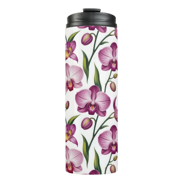 Elegantes nahtloses Muster aus lila und rosa Orchi Thermosbecher (Vorderseite)