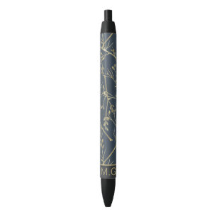 Elegantes Naturzweigmuster Blaues Monogramm Kugelschreiber