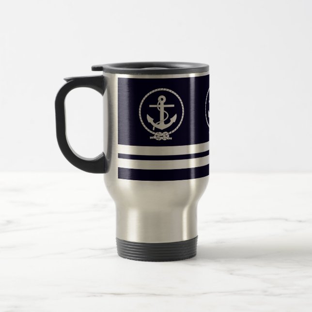 Elegantes Nautical Anker- und Stripmuster Reisebecher (Links)